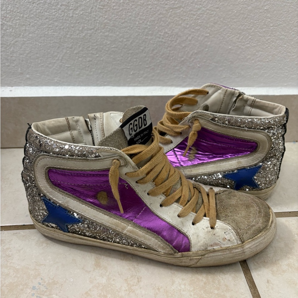 Golden Goose High-Top Sneakers with Purple and Glitter Accents